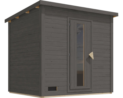Gartensauna aus Holz mit Pultdach und einer Tür mit Glaseinsatz