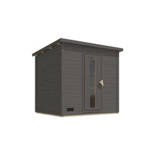 Moderne Garten-Sauna aus Holz mit Pultdach und einer Tür mit Glaseinsatz.