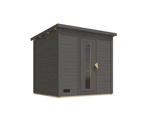 Moderne Garten-Sauna aus Holz mit Pultdach und einer Tür mit Glaseinsatz.