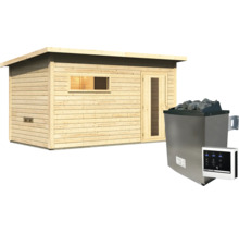 Gartensauna aus Holz mit Pultdach, Fenster und Tür sowie einem elektrischen Saunaofen mit Steuergerät.