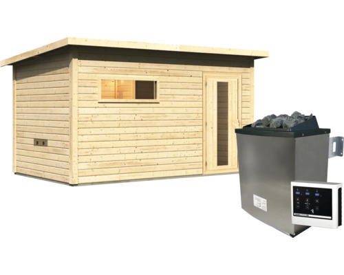 Gartensauna aus Holz mit Pultdach, Fenster und Tür sowie einem elektrischen Saunaofen mit Steuergerät.