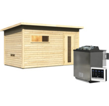 Gartensauna aus Holz mit Pultdach und einflügeliger Tür sowie einem externen Saunaofen mit Steinen und digitalem Steuergerät.