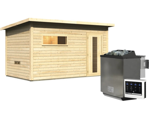 Gartensauna aus Holz mit Pultdach und einflügeliger Tür sowie einem externen Saunaofen mit Steinen und digitalem Steuergerät.