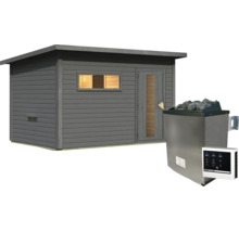 Gartensauna aus Holz mit Pultdach, Fenster und Tür sowie zugehörigem Saunaofen mit integrierter Steuerung und Saunasteinen.