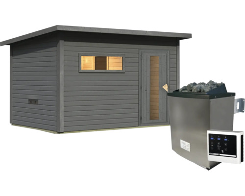 Gartensauna aus Holz mit Pultdach, Fenster und Tür sowie zugehörigem Saunaofen mit integrierter Steuerung und Saunasteinen.