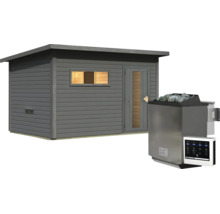 Gartensauna aus Holz mit Pultdach, Fenster und Tür sowie zugehörigem Saunaofen mit Saunasteinen und digitalem Steuergerät.