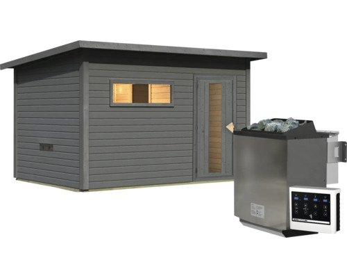 Gartensauna aus Holz mit Pultdach, Fenster und Tür sowie zugehörigem Saunaofen mit Saunasteinen und digitalem Steuergerät.
