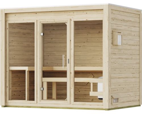 Massivholzsauna für den Innenbereich mit Glaselementen und moderner Ausstattung für Entspannung und Wellness.