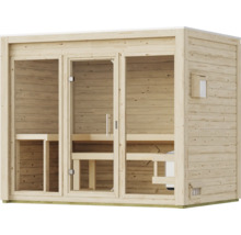 Moderne Elementsauna aus naturbelassenem Holz mit Ganzglastür und großen Glaselementen für den Innenbereich