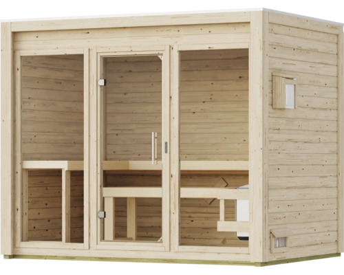 Moderne Elementsauna aus naturbelassenem Holz mit Ganzglastür und großen Glaselementen für den Innenbereich