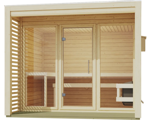 Gartensauna aus Massivholz mit großflächiger Glasfront und zentraler Glastür sowie integriertem Saunaofen