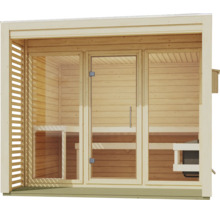 Gartensauna aus Massivholz mit großflächiger Glasfront und zentraler Glastür sowie integriertem Saunaofen