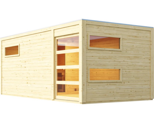 Moderne Gartensauna aus Holz mit Flachdach, Glaseingangstür und drei Fenstern für den Außenbereich.