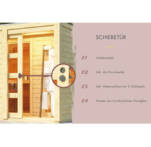 Gartenhaus mit Schiebetür aus Holz, inklusive Hakenschloss, Aluminiumtürschwelle und bruchsicheren Kunststofffenstern.