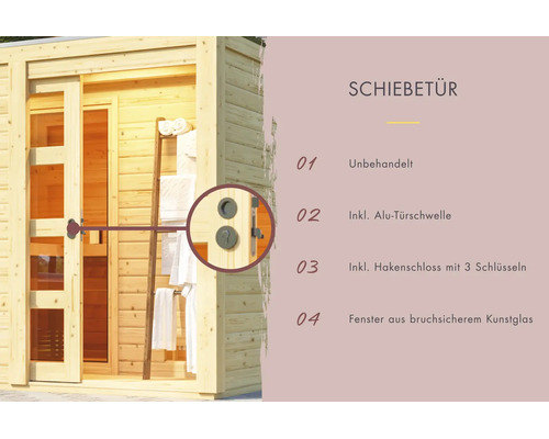 Gartenhaus mit Schiebetür aus Holz, inklusive Hakenschloss, Aluminiumtürschwelle und bruchsicheren Kunststofffenstern.