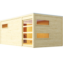 Gartensauna aus massivem Holz mit Flachdach, Glaseingangstür und drei Fenstern