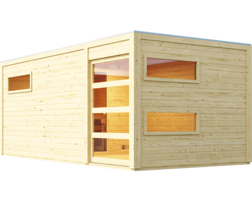 Gartensauna aus massivem Holz mit Flachdach, Glaseingangstür und drei Fenstern