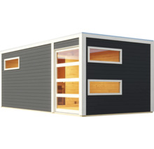 Moderne Gartensauna mit Flachdach, Holzpaneelen und mehreren Fenstern für den Außenbereich