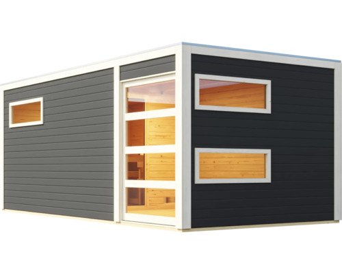 Moderne Gartensauna mit Flachdach, Holzpaneelen und mehreren Fenstern für den Außenbereich