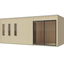 Modernes Gartenhaus aus Holz mit drei schmalen Fenstern und einer großen Schiebetür aus Glas für den Außenbereich.