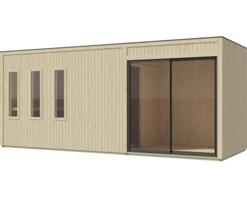 Modernes Gartenhaus aus Holz mit drei schmalen Fenstern und einer großen Schiebetür aus Glas für den Außenbereich.