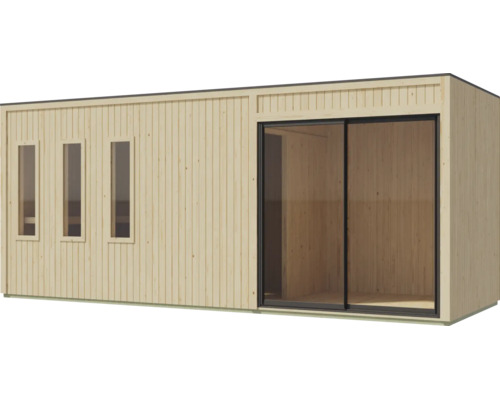Moderne Gartenlounge aus Holz mit Schiebetür und drei schmalen Fenstern für den Außenbereich