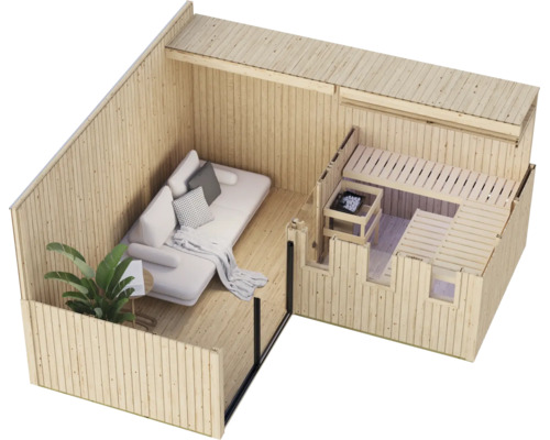 Gartensauna aus Holz mit integriertem Ruhebereich inklusive Sofa und Pflanze in der Draufsicht.