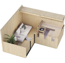 Moderne Gartensauna aus Holz mit integriertem Ruhebereich inklusive Sofa und Glasfront in der Draufsicht.