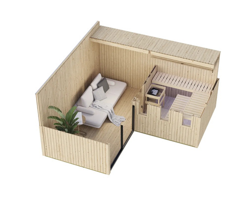Gartenhaus mit integrierter Sauna und überdachtem Lounge Bereich mit Sofa und Pflanze in der Draufsicht.