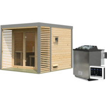 Moderne Gartensauna aus Holz mit Glasfront und Saunahofen mit digitaler Steuerung