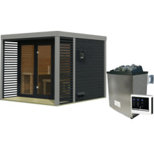 Moderne Garten Sauna mit Flachdach und Glastür sowie passendem Saunaofen mit Steinen und digitalem Steuergerät