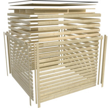 Explosionszeichnung eines Holz Mülltonnenbox Bausatzes aus naturbelassenen Holzprofilen zur modularen Montage.
