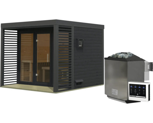 Moderne Gartensauna aus Holz mit Lamellenoptik und dazugehörigem Saunaofen inklusive digitaler Steuerungseinheit für den Außenbereich.