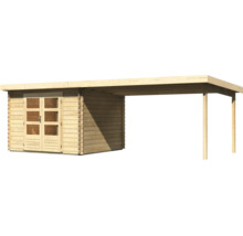 Gartenhaus aus Holz mit integriertem Schleppdach und Doppeltür mit Fenstereinsätzen im Blockbohlenbauweise