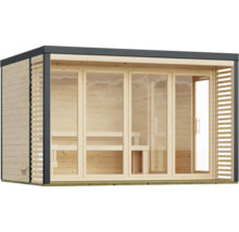 Moderne Garten-Sauna aus Holz mit großen Glasfronten und Lamellen-Seitenelementen.
