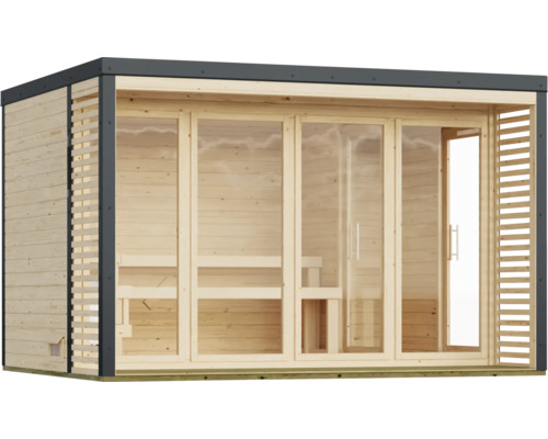 Moderne Garten-Sauna aus Holz mit großen Glasfronten und Lamellen-Seitenelementen.