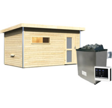 Gartensauna aus Holz mit Pultdach, Fenster und Tür inklusive Saunaofen mit Steinen und digitalem Steuergerät.