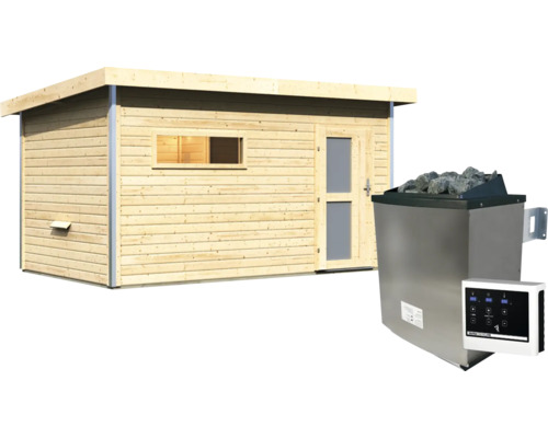 Gartensauna aus Holz mit Pultdach, Fenster und Tür inklusive Saunaofen mit Steinen und digitalem Steuergerät.