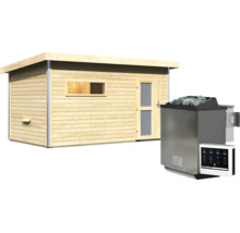 Gartensauna aus Holz mit Pultdach und Saunaofen mit Steuergerät