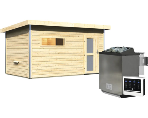 Gartensauna aus Holz mit Pultdach und Saunaofen mit Steuergerät