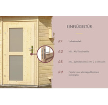 Unbehandelte Holzeinflügeltür für Gartenhäuser mit Aluminiumtürschwelle, Zylinderschloss, drei Schlüsseln und isolierverglasten Fenstern.