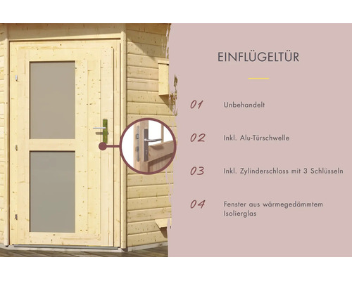 Unbehandelte Holzeinflügeltür für Gartenhäuser mit Aluminiumtürschwelle, Zylinderschloss, drei Schlüsseln und isolierverglasten Fenstern.