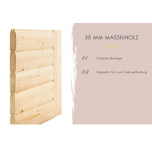 Blockbohlenwand aus 38 Millimeter Massivholz mit doppelter Nut und Feder Verbindung für einfache Montage.
