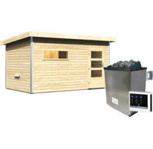 Gartensauna aus Holz mit Pultdach, Fenster und Tür sowie einem elektrischen Saunaofen mit Steuergerät und Saunasteinen.