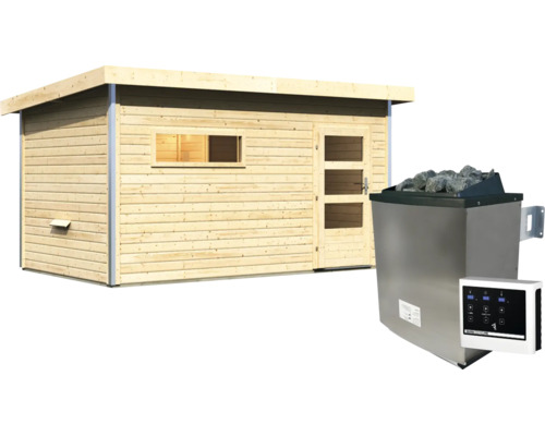 Gartensauna aus Holz mit Pultdach, Fenster und Tür sowie einem elektrischen Saunaofen mit Steuergerät und Saunasteinen.