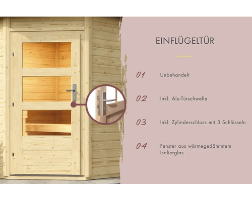 Einflügeltür für Gartenhaus aus unbehandeltem Holz mit Aluminium Türschwelle, Zylinderschloss und wärmegedämmtem Isolierglas.