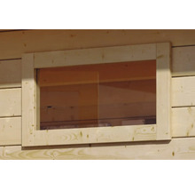 Rechteckiges Holzfenster mit Rahmen für Gartenhaus oder Blockhaus aus hellem Massivholz