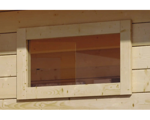 Rechteckiges Holzfenster mit Rahmen für Gartenhaus oder Blockhaus aus hellem Massivholz