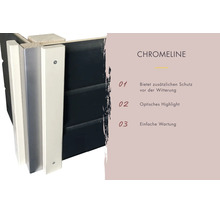 Eckverbindung Chromeline für Holzelemente mit Wetterschutz und dekorativer Optik.