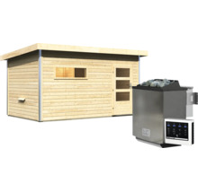 Gartensauna aus Holz mit Pultdach, Fenster und Tür sowie einem dazu passenden elektrischen Saunaofen mit Saunasteinen und Steuergerät.